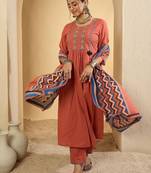 Women Floral Embroidered Regular Pure Cotton Kurta with Trousers & Dupatta