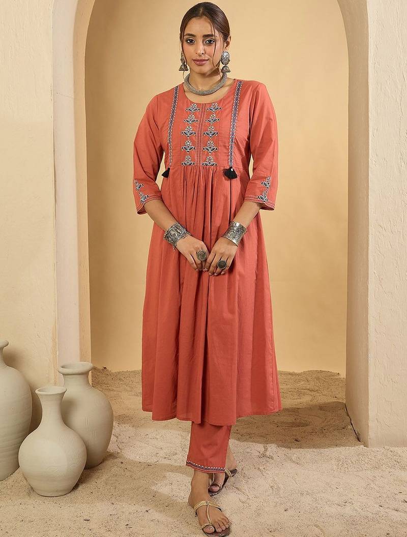 Women Floral Embroidered Regular Pure Cotton Kurta with Trousers & Dupatta