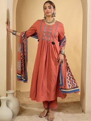 Women Floral Embroidered Regular Pure Cotton Kurta with Trousers & Dupatta 6