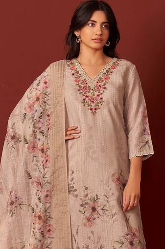 Women Floral Embroidered Linen Kurta with Trousers & Dupatta