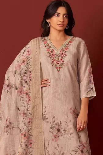 Women Floral Embroidered Linen Kurta with Trousers & Dupatta