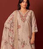Women Floral Embroidered Linen Kurta with Trousers & Dupatta