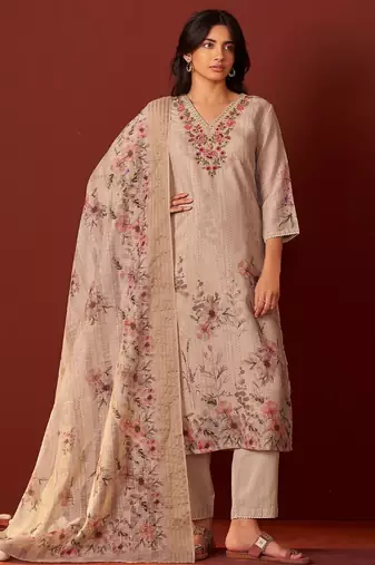 Women Floral Embroidered Linen Kurta with Trousers & Dupatta