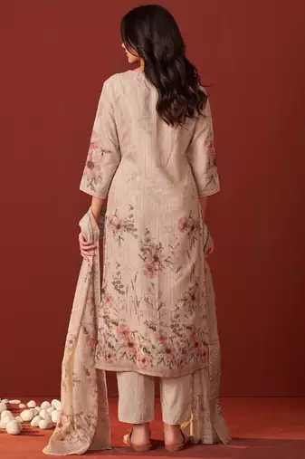 Women Floral Embroidered Linen Kurta with Trousers & Dupatta