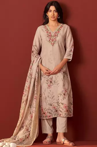 Women Floral Embroidered Linen Kurta with Trousers & Dupatta