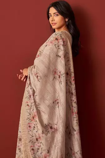 Women Floral Embroidered Linen Kurta with Trousers & Dupatta