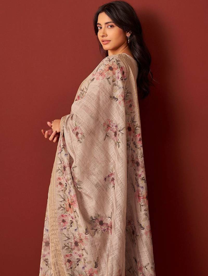 Women Floral Embroidered Linen Kurta with Trousers & Dupatta