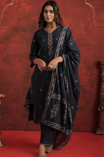 Motifs Embroidered Pure Cotton V-Neck Straight Kurta With Trousers & Dupatta