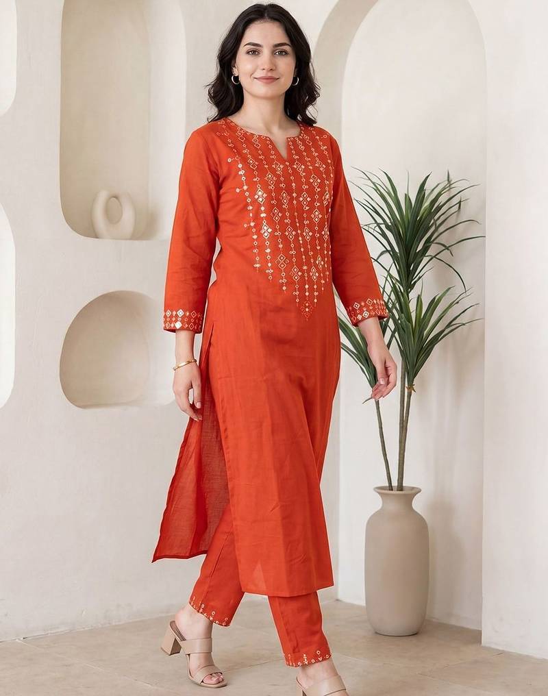 Women Ethnic Motifs Embroidered Regular Mirror Work Kurta with Trousers