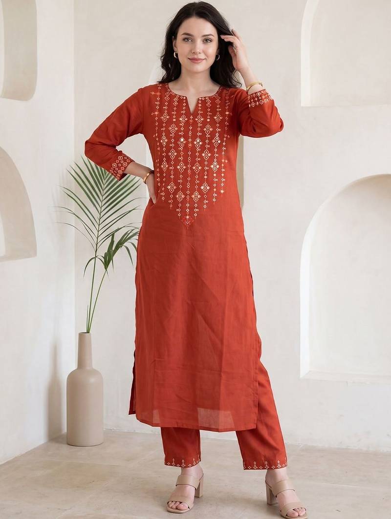 Women Ethnic Motifs Embroidered Regular Mirror Work Kurta with Trousers