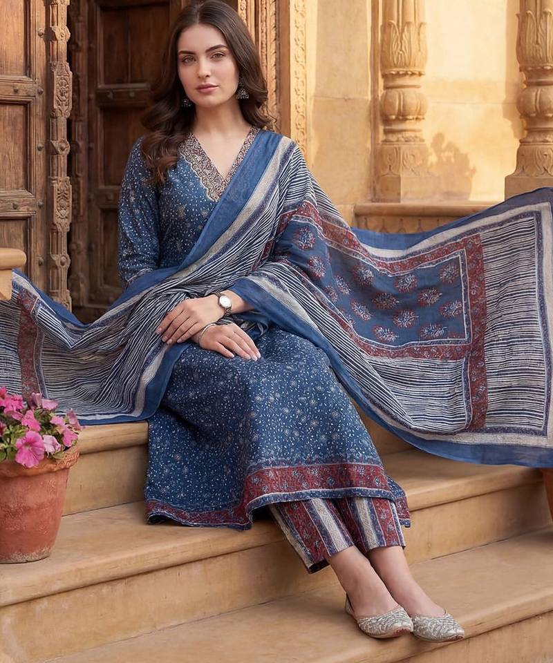 Women Floral Printed Regular  Cotton Kurta with Trousers & With Dupatta