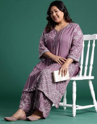 Plus Size Regular Beads and Stones Notched Round Neck Kurta with Palazzos 1