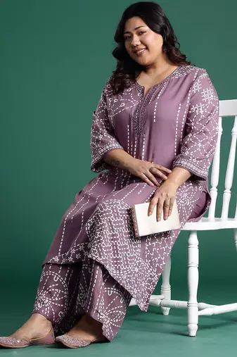 Plus Size Regular Beads and Stones Notched Round Neck Kurta with Palazzos