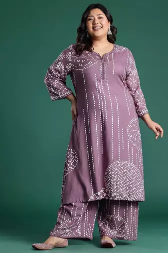 Plus Size Regular Beads and Stones Notched Round Neck Kurta with Palazzos