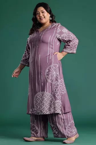 Plus Size Regular Beads and Stones Notched Round Neck Kurta with Palazzos