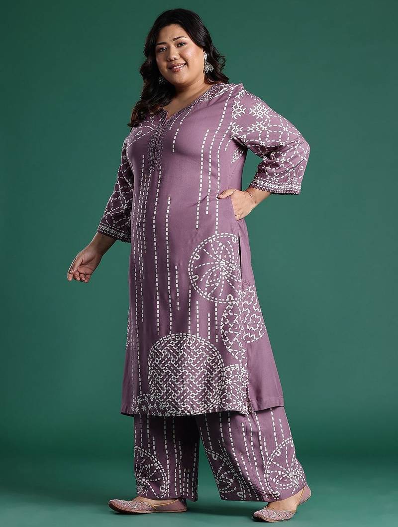 Plus Size Regular Beads and Stones Notched Round Neck Kurta with Palazzos