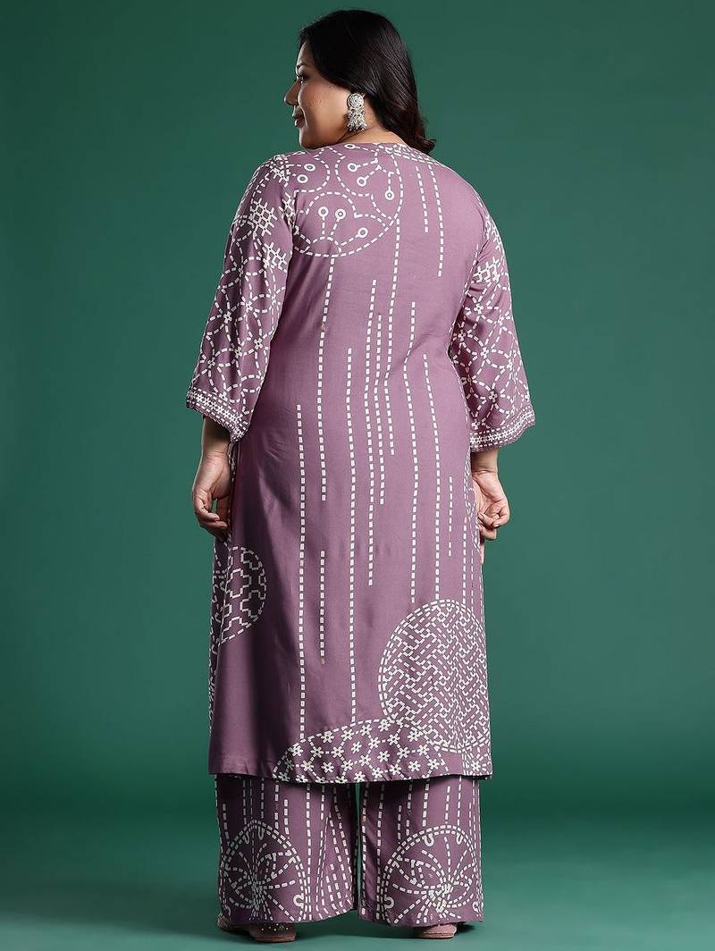 Plus Size Regular Beads and Stones Notched Round Neck Kurta with Palazzos