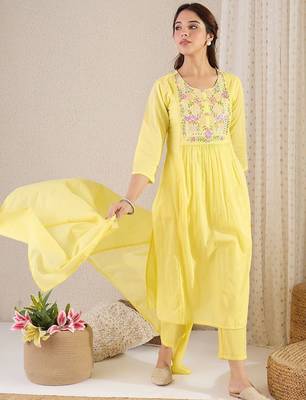 Women Floral Embroidered Cotton Kurta with Trousers & Dupatta 4