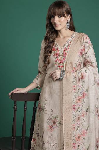 Floral Embroidered Pure Cotton Kurta with Trousers & Dupatta