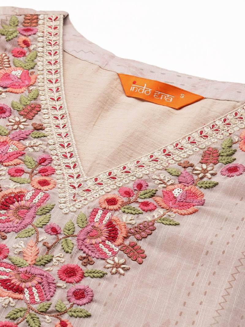 Floral Embroidered Pure Cotton Kurta with Trousers & Dupatta