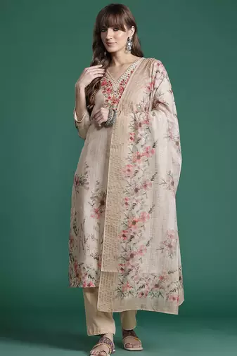 Floral Embroidered Pure Cotton Kurta with Trousers & Dupatta
