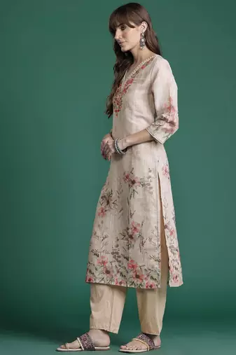 Floral Embroidered Pure Cotton Kurta with Trousers & Dupatta