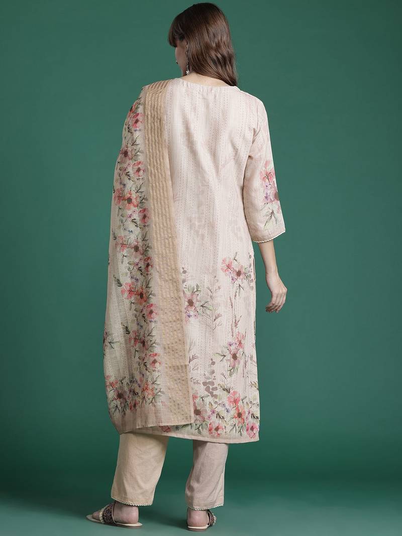 Floral Embroidered Pure Cotton Kurta with Trousers & Dupatta