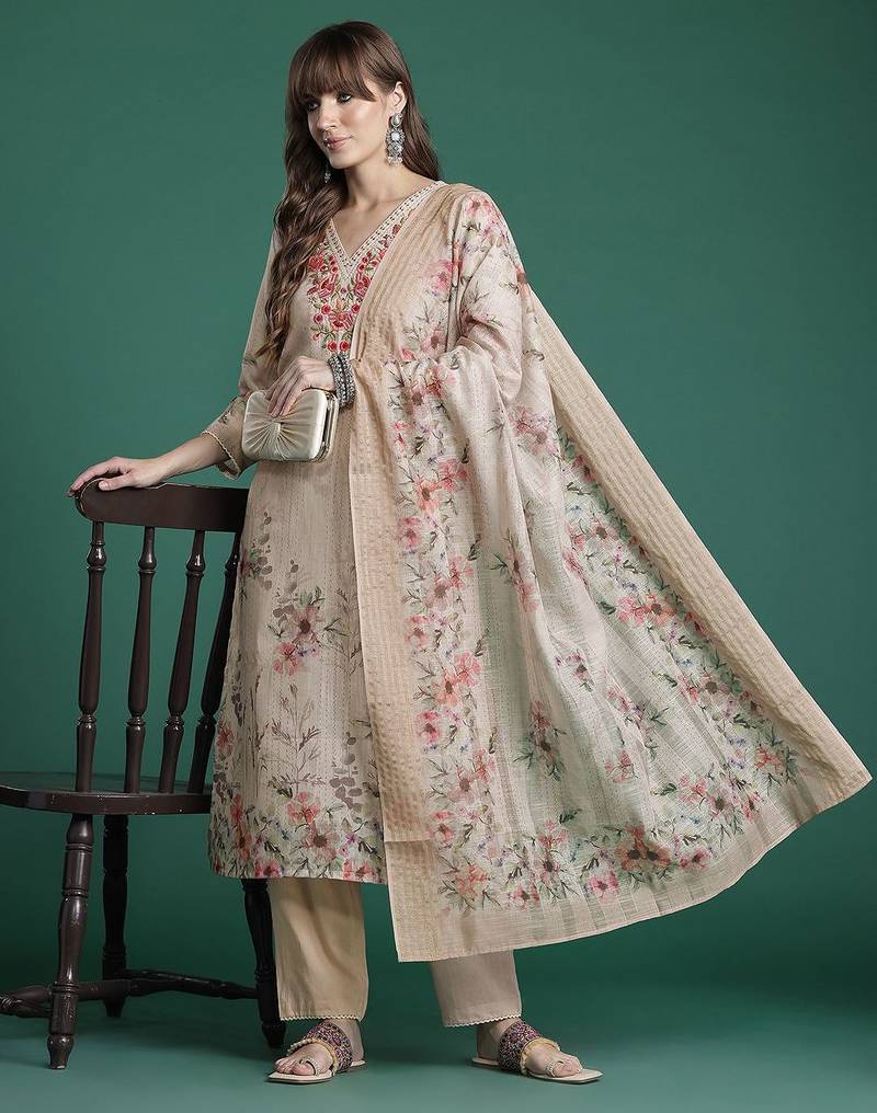 Floral Embroidered Pure Cotton Kurta with Trousers & Dupatta