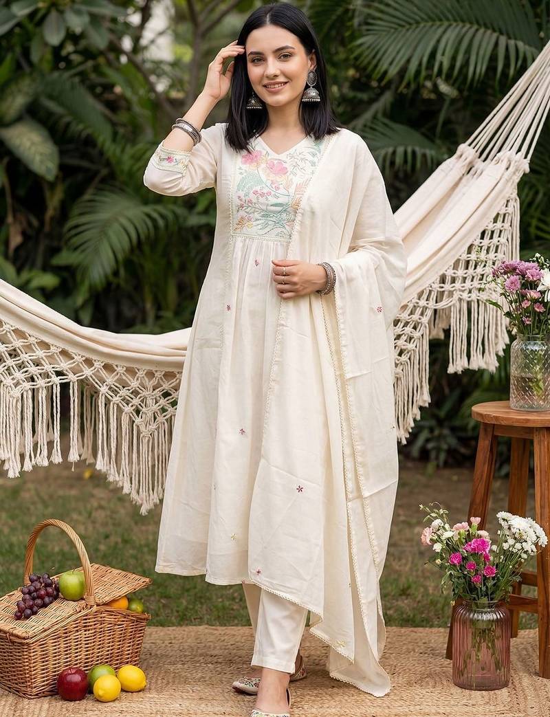 Women Floral Embroidered Regular Thread Work Pure Cotton Kurta with Trousers & With Dupatta