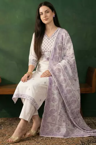 Women Ethnic Motifs Embroidered Regular Thread Work Pure Cotton Kurta with Trousers & With Dupatta