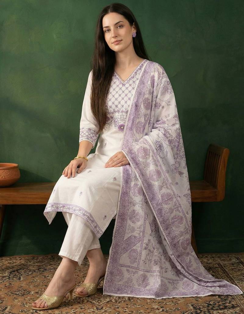 Women Ethnic Motifs Embroidered Regular Thread Work Pure Cotton Kurta with Trousers & With Dupatta