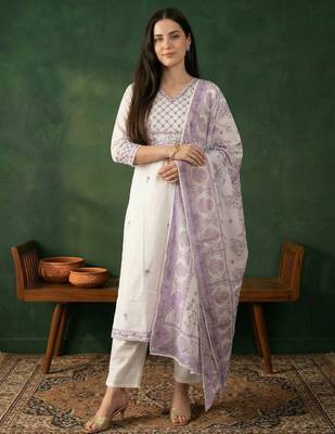 Women Ethnic Motifs Embroidered Regular Thread Work Pure Cotton Kurta with Trousers & With Dupatta 2