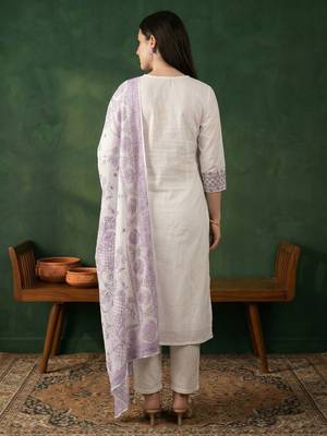 Women Ethnic Motifs Embroidered Regular Thread Work Pure Cotton Kurta with Trousers & With Dupatta 5