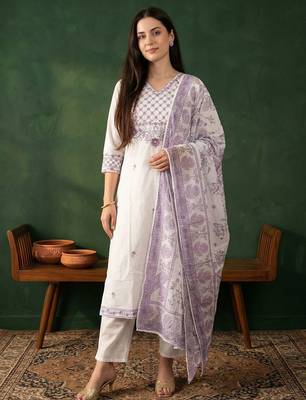 Women Ethnic Motifs Embroidered Regular Thread Work Pure Cotton Kurta with Trousers & With Dupatta 6