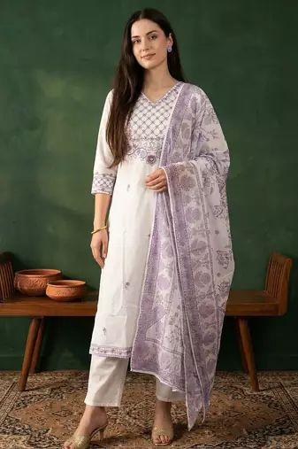 Women Ethnic Motifs Embroidered Regular Thread Work Pure Cotton Kurta with Trousers & With Dupatta