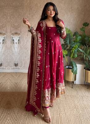 Women's dark cherry pink zari sequence embroidery work anarkali gown with dupatta 1