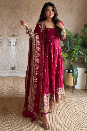 Women's dark cherry pink zari sequence embroidery work anarkali gown with dupatta