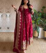 Women's dark cherry pink zari sequence embroidery work anarkali gown with dupatta