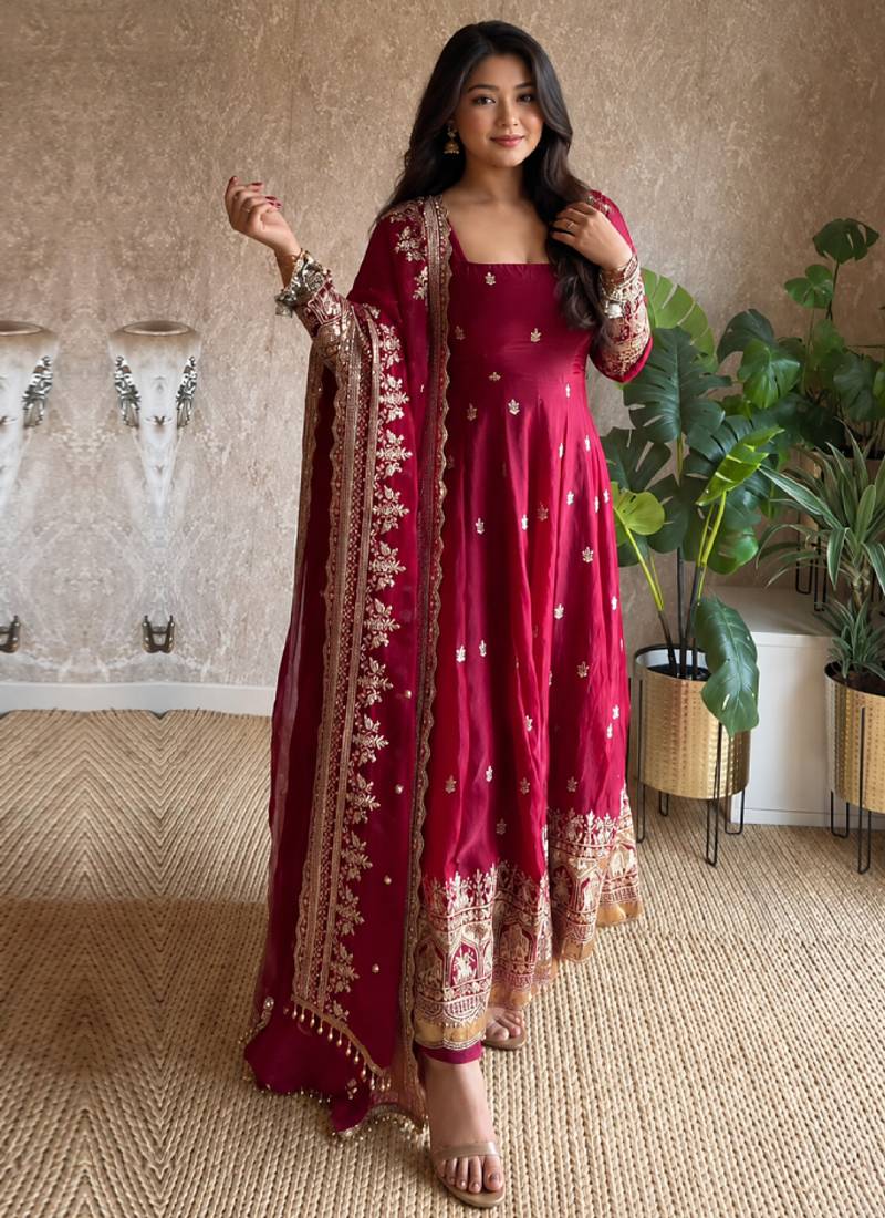 Women's dark cherry pink zari sequence embroidery work anarkali gown with dupatta