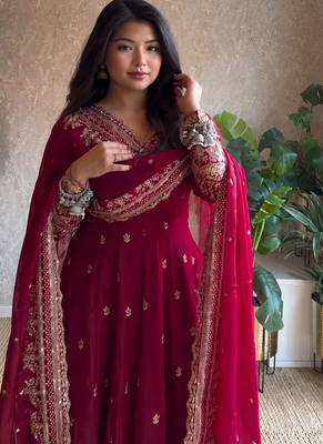 Women's dark cherry pink zari sequence embroidery work anarkali gown with dupatta 2