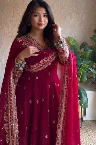 Women's dark cherry pink zari sequence embroidery work anarkali gown with dupatta