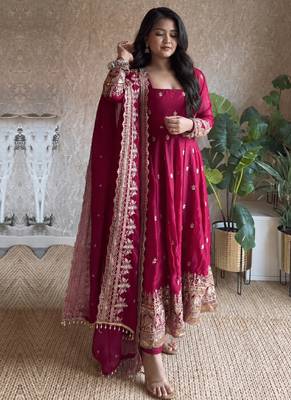 Women's dark cherry pink zari sequence embroidery work anarkali gown with dupatta 3