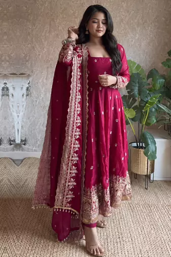 Women's dark cherry pink zari sequence embroidery work anarkali gown with dupatta