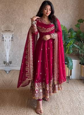 Women's dark cherry pink zari sequence embroidery work anarkali gown with dupatta 4