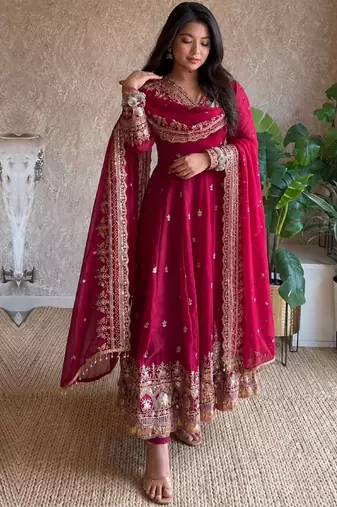 Women's dark cherry pink zari sequence embroidery work anarkali gown with dupatta
