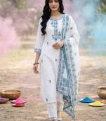 Floral Embroidered Thread Work Pure Cotton Kurta with Trousers & With Dupatta