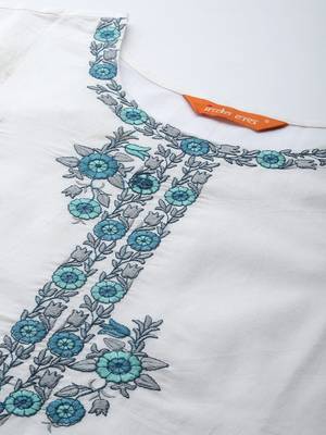 Floral Embroidered Thread Work Pure Cotton Kurta with Trousers & With Dupatta 2
