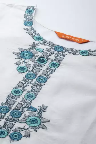 Floral Embroidered Thread Work Pure Cotton Kurta with Trousers & With Dupatta