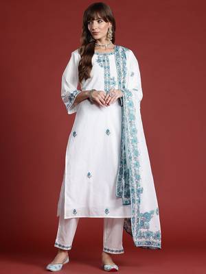 Floral Embroidered Thread Work Pure Cotton Kurta with Trousers & With Dupatta 5