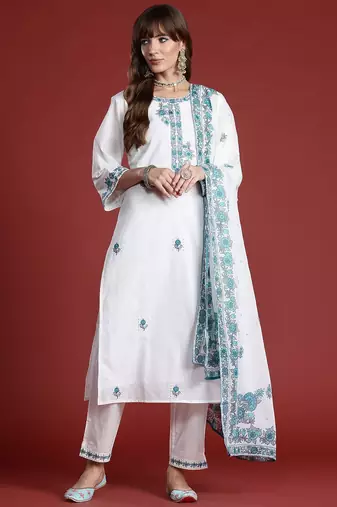 Floral Embroidered Thread Work Pure Cotton Kurta with Trousers & With Dupatta